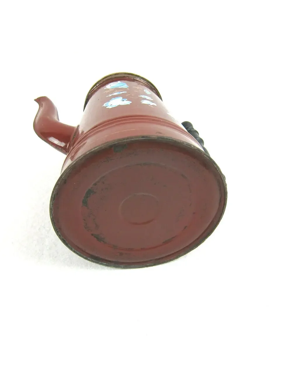 Antique Enamelware Coffee Pot Boiler Brown & Blue Flower Floral Lid Handle RARE